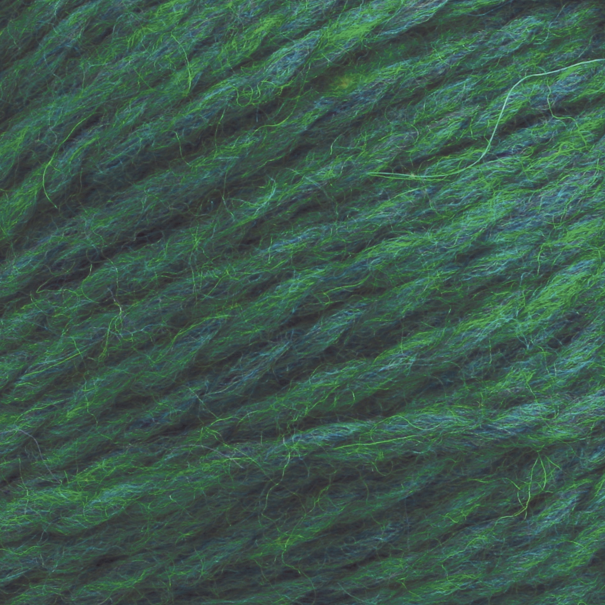 Close-up image of green and blue strands of Cascade Eco and Cascade Eco Plus Wool Yarn by Cascade Yarns, tightly twisted together, showcasing the texture and subtle variations in color. The fibers appear soft and slightly fuzzy, creating an intricate pattern of intertwining hues. This eco-friendly yarn is perfect for felted knitting projects.