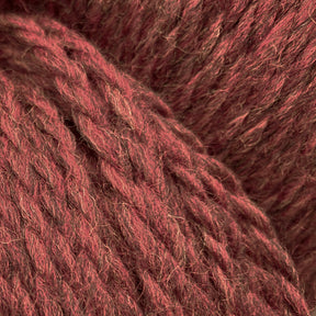 Close-up image of red Cascade Eco and Cascade Eco Plus Wool Yarn fibers intertwined in a textured and slightly fuzzy appearance. The eco yarn, from Cascade Yarns, features a rich, earthy red tone with subtle variations in color.